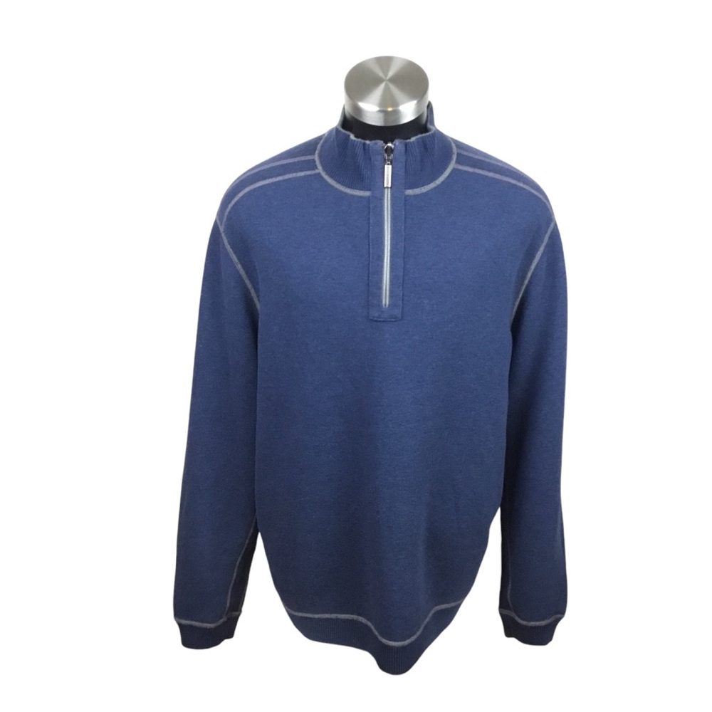 Tommy Bahamas Reversible 1/4 Zip Cotton Blend Pullover Blue/Gray